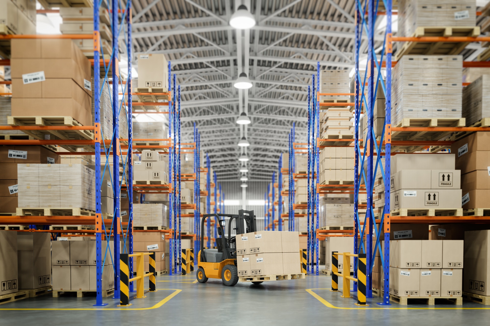 Forklift truck in warehouse or storage and shelves with cardboar
